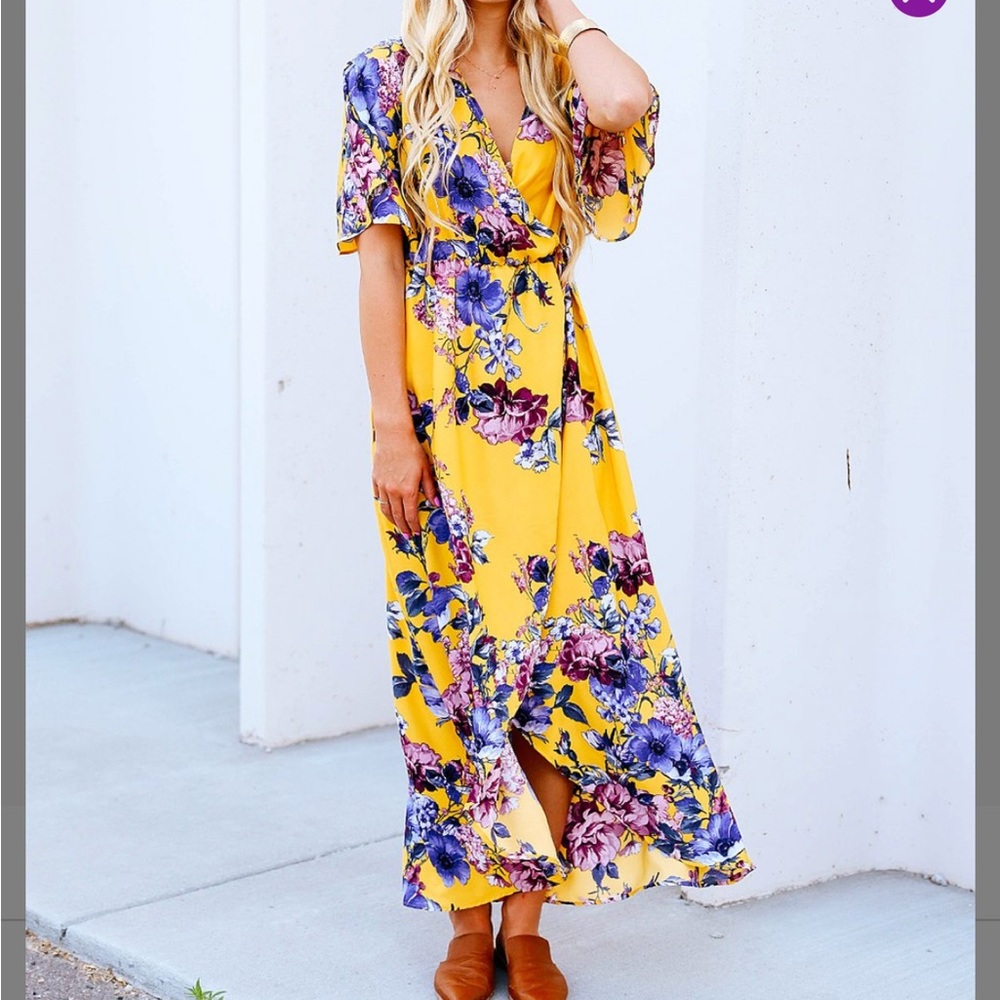 So Perla Mustard Floral Wrap Maxi Dress, L